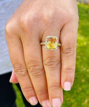 Load image into Gallery viewer, 14K Solid Yellow Gold Cushion Cut Yellow Citrine Simulated Diamond Engagement Ring Prong Set lots of shine and luster round cut sides 4.75ct
