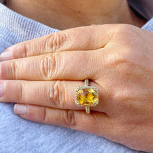 Load image into Gallery viewer, 14K Solid Yellow Gold Cushion Cut Yellow Citrine Simulated Diamond Engagement Ring Prong Set lots of shine and luster round cut sides 4.75ct
