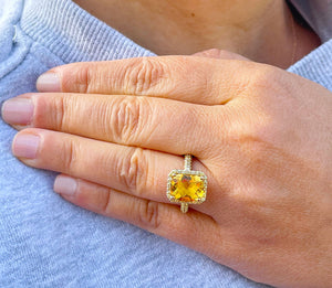 14K Solid Yellow Gold Natural Cushion Cut Yellow Citrine And Natural Yellow Sapphire Sides Engagement Ring Prong Set Halo 4.75ctw