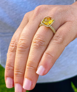 14K Solid Yellow Gold Natural Cushion Cut Yellow Citrine And Natural Yellow Sapphire Sides Engagement Ring Prong Set Halo 4.75ctw