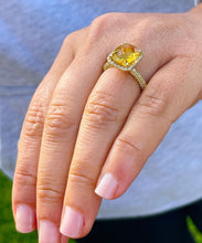 Load image into Gallery viewer, 14K Solid Yellow Gold Cushion Cut Yellow Citrine Simulated Diamond Engagement Ring Prong Set lots of shine and luster round cut sides 4.75ct
