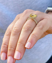Load image into Gallery viewer, 14K Solid Yellow Gold Cushion Cut Yellow Citrine Simulated Diamond Engagement Ring Prong Set lots of shine and luster round cut sides 4.75ct
