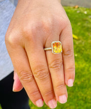 Load image into Gallery viewer, 14K Solid Yellow Gold Natural Cushion Cut Yellow Citrine And Natural Yellow Sapphire Sides Engagement Ring Prong Set Halo 4.75ctw
