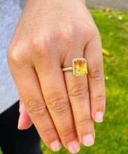 Load image into Gallery viewer, 14K Solid Yellow Gold Cushion Cut Yellow Citrine Simulated Diamond Engagement Ring Prong Set lots of shine and luster round cut sides 4.75ct
