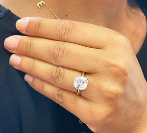 14K Solid Yellow Gold Cushion Cut Forever One Moissanite Engagement Ring Deco, Bridal, Wedding, Anniversary, Four prong, Solitaire 4.00ctw