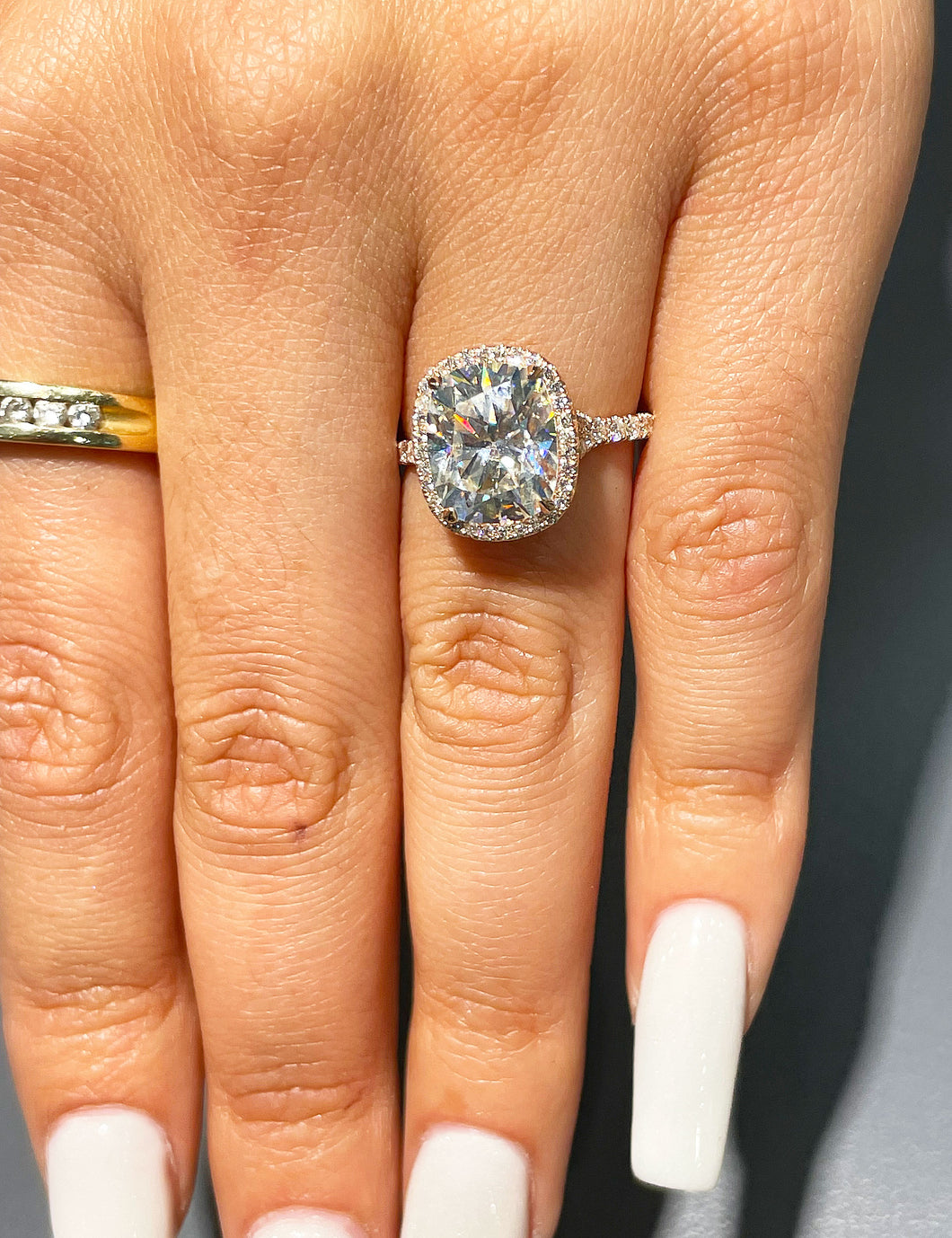 5.65 Carat Cushion and Round Cut Simulated Diamond Engagement Ring Halo Bridal in 14K Solid Rose Gold