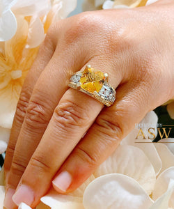14K White and Yellow Gold Cushion Cut Natural Yellow Citrine and Round cut Natural Diamonds Engagement Ring Bridal Wedding 4.80ctw
