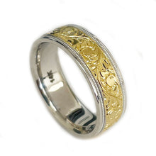 Load image into Gallery viewer, Hand Carved 14K Solid And Heavy White And Yellow Gold Men&#39;s Band Ring, Wedding Band Carved Edging 7mm
