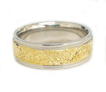 Load image into Gallery viewer, Hand Carved 14K Solid And Heavy White And Yellow Gold Men&#39;s Band Ring, Wedding Band Carved Edging 7mm
