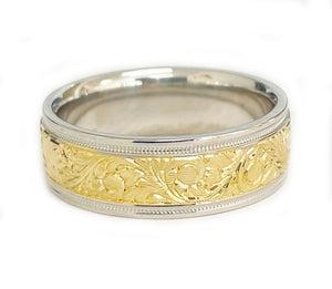 Hand Carved 14K Solid And Heavy White And Yellow Gold Men's Band Ring, Wedding Band Carved Edging 7mm