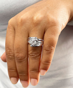 Women's 14k Solid And Heavy White Gold Round Forever One Moissanite Engagement Ring Band Tension Set Bridal Set Wedding Set  1.00ct