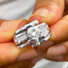 Load image into Gallery viewer, 14k solid and heavy white gold round simulated diamond engagement ring and band tension set bridal set 1.00ct
