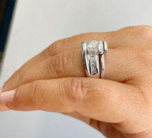 Load image into Gallery viewer, 14k solid and heavy white gold round simulated diamond engagement ring and band tension set bridal set 1.00ct
