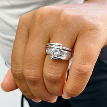 Load image into Gallery viewer, 14k solid and heavy white gold round simulated diamond engagement ring and band tension set bridal set 1.00ct
