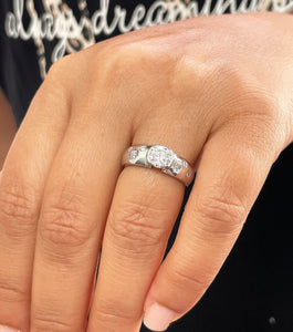 14k solid heavy white gold round cut simulated diamond semi bezel engagement ring wedding 0.96ct