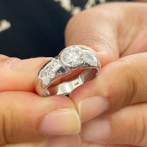 14k solid heavy white gold round cut simulated diamond semi bezel engagement ring wedding 0.96ct