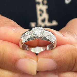 14k solid heavy white gold round cut simulated diamond semi bezel engagement ring wedding 0.96ct