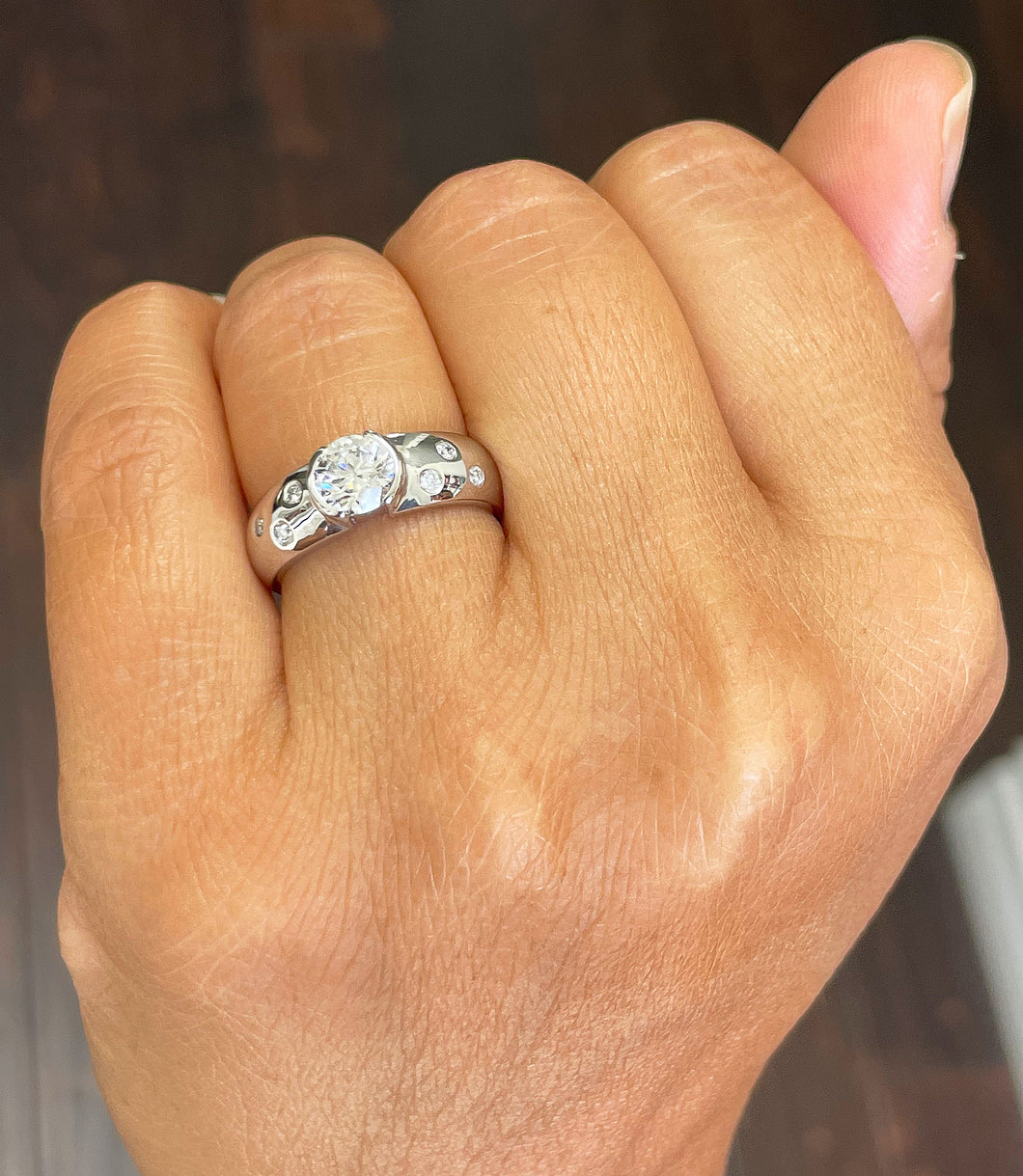 14k solid heavy white gold round cut simulated diamond semi bezel engagement ring wedding 0.96ct