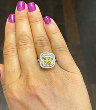 Load image into Gallery viewer, Huge 6.00 Carats 14k Solid White Gold Cushion Cut Simulated Fancy Yellow Diamond and simulated Diamonds Engagement Ring Halo
