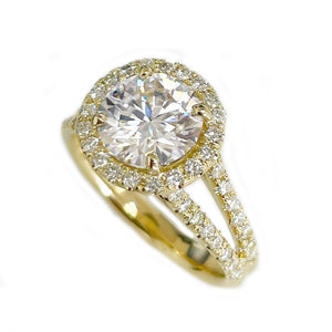 14k Solid Yellow Gold Round Moissanite And Natural Diamond Engagement Ring Halo Prong Set Split Shank 2.20ctw
