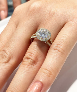 14k Solid Yellow Gold Round Moissanite And Natural Diamond Engagement Ring Halo Prong Set Split Shank 2.20ctw