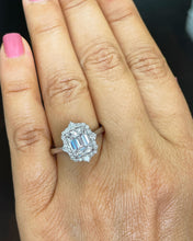 Load image into Gallery viewer, 14k solid white gold emerald cut moissanite and round cut natural diamond engagement ring halo bridal set 3.05ct
