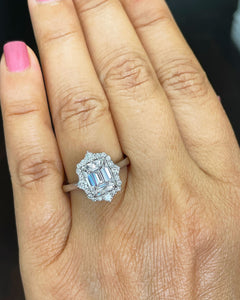 14k solid white gold emerald cut moissanite and round cut natural diamond engagement ring halo bridal set 3.05ct