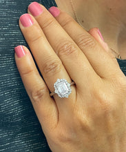 Load image into Gallery viewer, 14k solid white gold emerald cut moissanite and round cut natural diamond engagement ring halo bridal set 3.05ct
