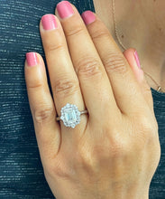 Load image into Gallery viewer, 14k solid white gold emerald cut moissanite and round cut natural diamond engagement ring halo bridal set 3.05ct

