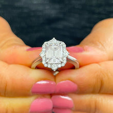 Load image into Gallery viewer, 14k solid white gold emerald cut moissanite and round cut natural diamond engagement ring halo bridal set 3.05ct

