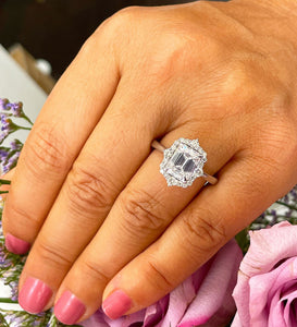14k solid white gold emerald cut moissanite and round cut natural diamond engagement ring halo bridal set 3.05ct