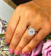 Load image into Gallery viewer, 14k solid white gold emerald cut moissanite and round cut natural diamond engagement ring halo bridal set 3.05ct
