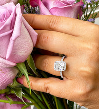 Load image into Gallery viewer, 14K Solid White Gold Cushion and Round Cut Simulated Diamond Engagement Ring Halo 3.00ctw
