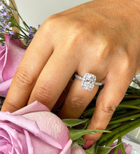 Load image into Gallery viewer, 14K Solid White Gold Cushion and Round Cut Simulated Diamond Engagement Ring Halo 3.00ctw
