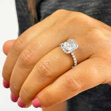 Load image into Gallery viewer, 14K Solid White Gold Cushion and Round Cut Simulated Diamond Engagement Ring Halo 3.00ctw
