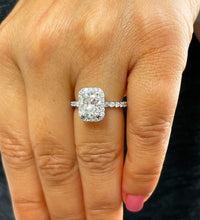 Load image into Gallery viewer, 14K Solid White Gold Cushion and Round Cut Simulated Diamond Engagement Ring Halo 3.00ctw
