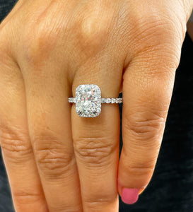 14K Solid White Gold Cushion and Round Cut Simulated Diamond Engagement Ring Halo 3.00ctw