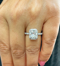 Load image into Gallery viewer, 14K Solid White Gold Cushion and Round Cut Simulated Diamond Engagement Ring Halo 3.00ctw
