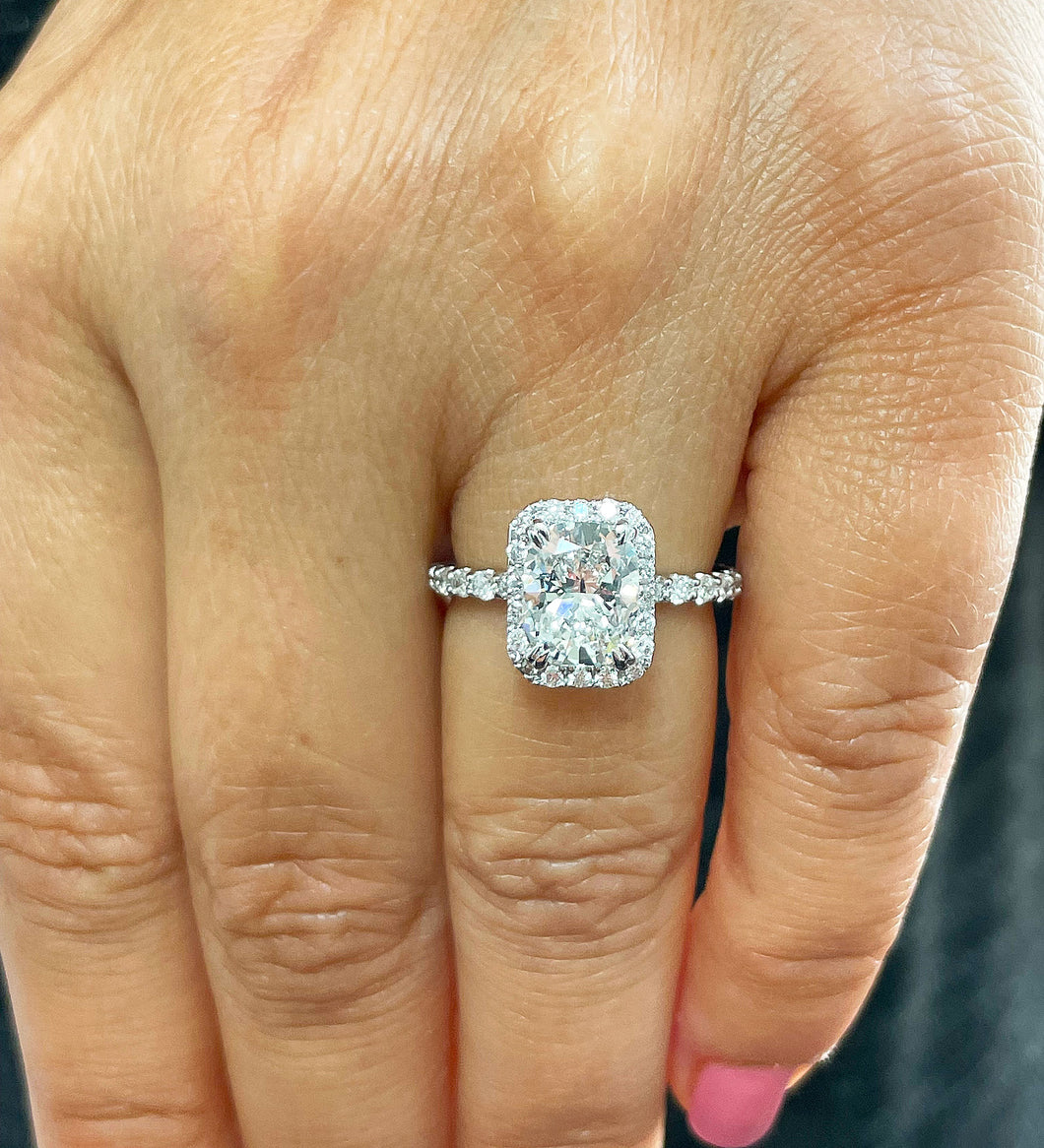 14K Solid White Gold Cushion and Round Cut Simulated Diamond Engagement Ring Halo 3.00ctw