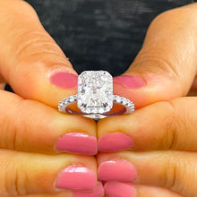 Load image into Gallery viewer, 14K Solid White Gold Cushion and Round Cut Simulated Diamond Engagement Ring Halo 3.00ctw
