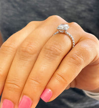 Load image into Gallery viewer, 14K Solid White Gold Cushion and Round Cut Simulated Diamond Engagement Ring Halo 3.00ctw
