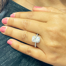 Load image into Gallery viewer, 14K Solid White Gold Cushion and Round Cut Simulated Diamond Engagement Ring Halo 3.00ctw
