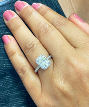 Load image into Gallery viewer, 14K Solid White Gold Cushion and Round Cut Simulated Diamond Engagement Ring Halo 3.00ctw
