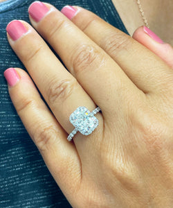 14K Solid White Gold Cushion and Round Cut Simulated Diamond Engagement Ring Halo 3.00ctw