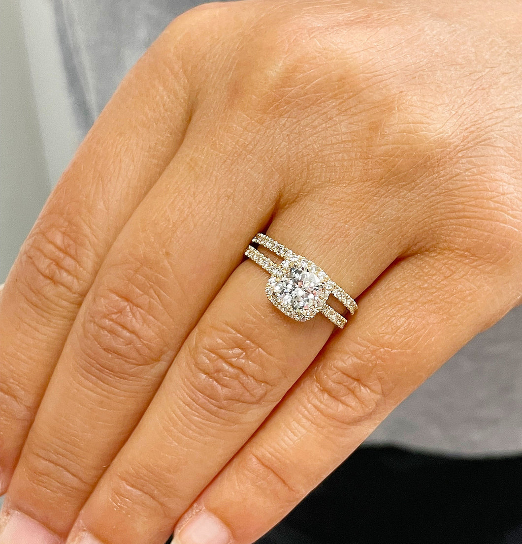 14K Solid Yellow Gold Cushion Cut Forever One Moissanite and Round Cut Natural Diamond Engagement Ring And Band Bridal Halo 2.30ctw