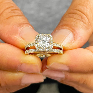 14K Solid Yellow Gold Cushion Cut Forever One Moissanite and Round Cut Natural Diamond Engagement Ring And Band Bridal Halo 2.30ctw