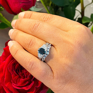 Deco Antique Style 14K Solid White Gold Oval Cut Blue Sapphire And Round Cut Simulated Diamonds Engagement Ring And Band 2.65ctw