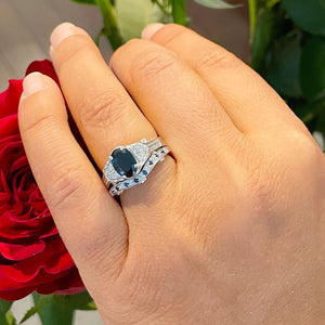 Deco Antique Style 14K Solid White Gold Oval Cut Blue Sapphire And Round Cut Simulated Diamonds Engagement Ring And Band 2.65ctw