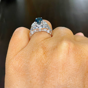 Deco Antique Style 14K Solid White Gold Oval Cut Blue Sapphire And Round Cut Simulated Diamonds Engagement Ring And Band 2.65ctw