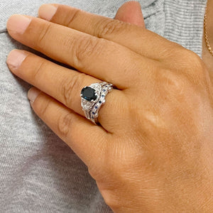 Deco Antique Style 14K Solid White Gold Oval Cut Blue Sapphire And Round Cut Simulated Diamonds Engagement Ring And Band 2.65ctw